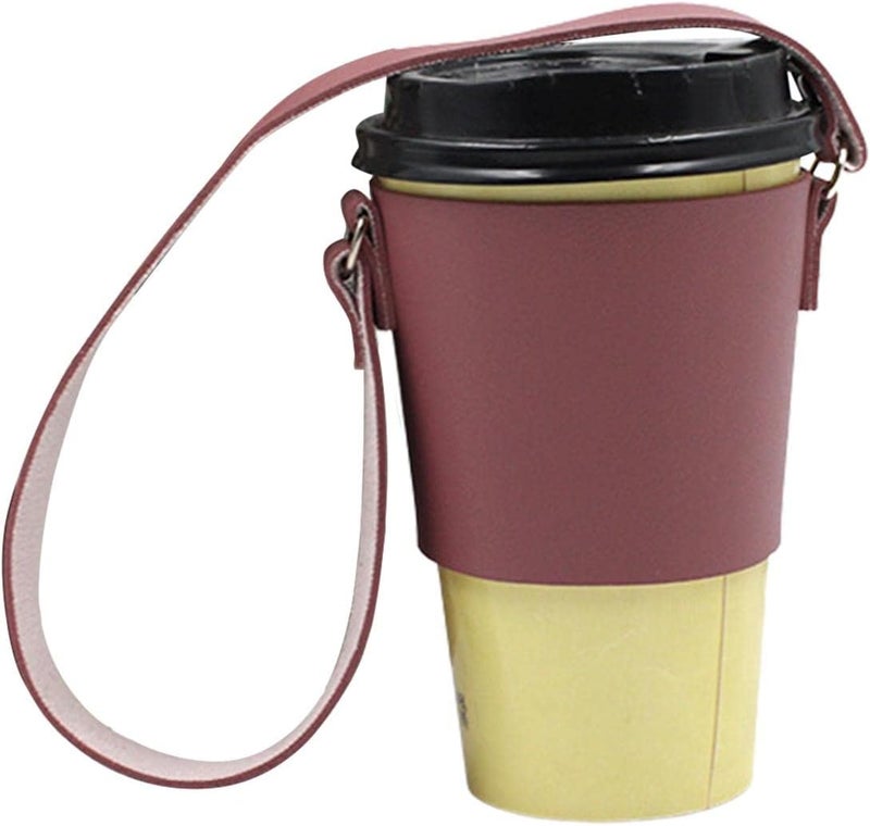 ويوبلز أكمام أكواب القهوة، أكمام أكواب قهوة قابلة لإعادة الاستخدام مصنوعة من جلد البولي يوريثان مع حزام كتف، غطاء كوب مشروبات جلدي، حامل أكواب محمول، حامل مشروبات أنيق معزول، شاي ساخن، أحمر بنفسجي - Image 3